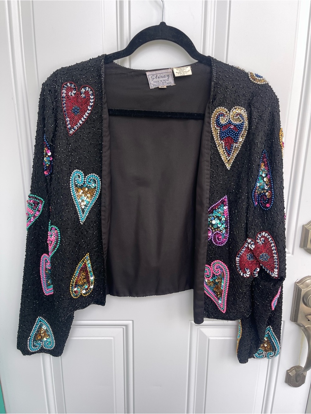 Stenay Vintage 100% Silk Black Beaded Heart Sequined Cardigan Jacket XL